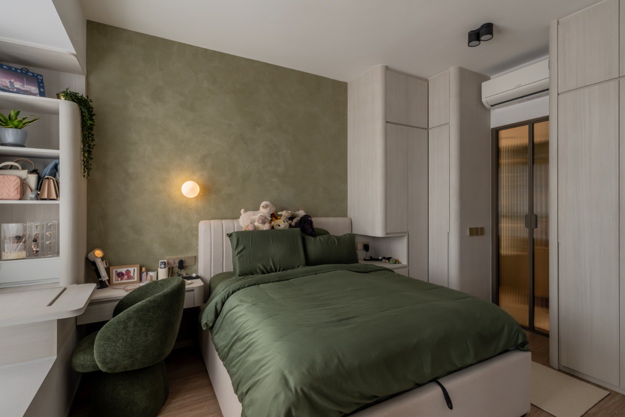 A Green Thread — bedroom with olive upholstery and pale built-in storage