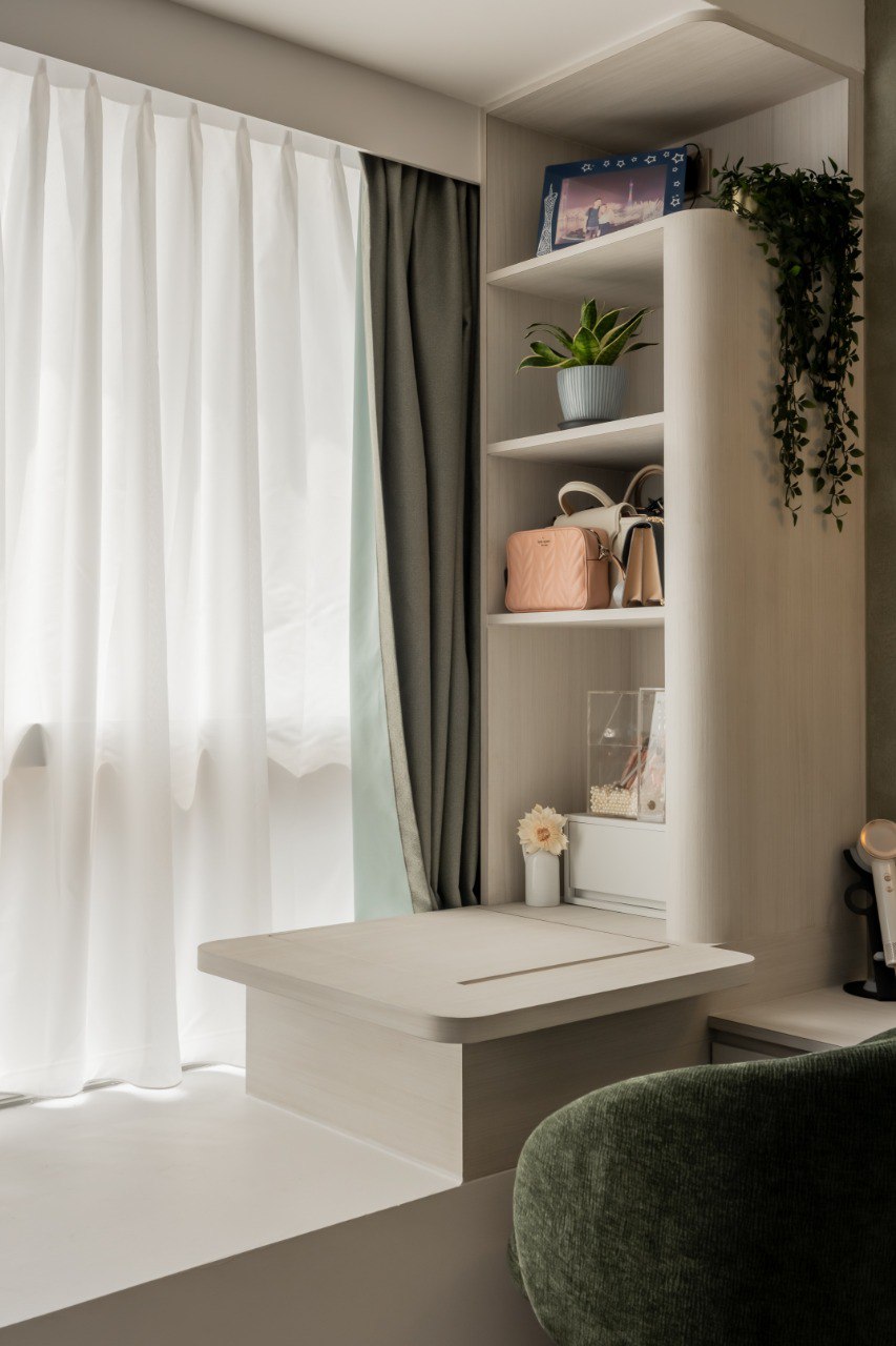 A Green Thread — window-side dressing desk with integrated display shelves
