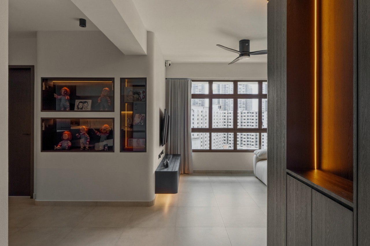 Ridge in Contrast — art display wall leading toward the living room
